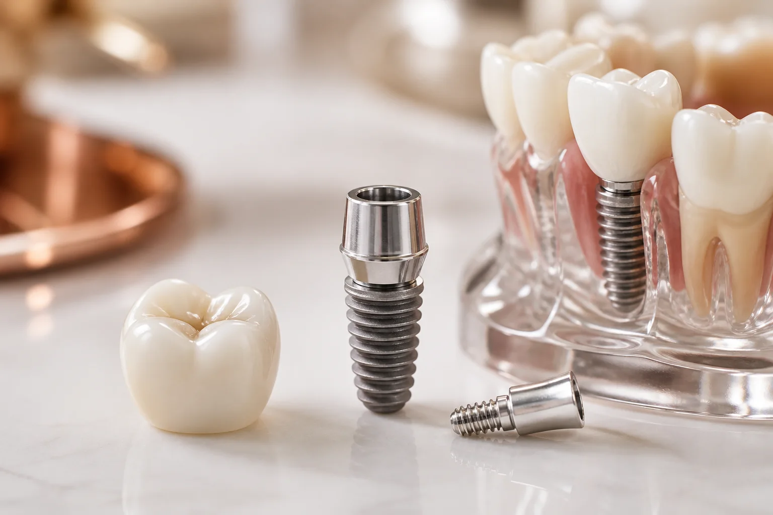 Modelo de implante dentário com coroa de cerâmica
